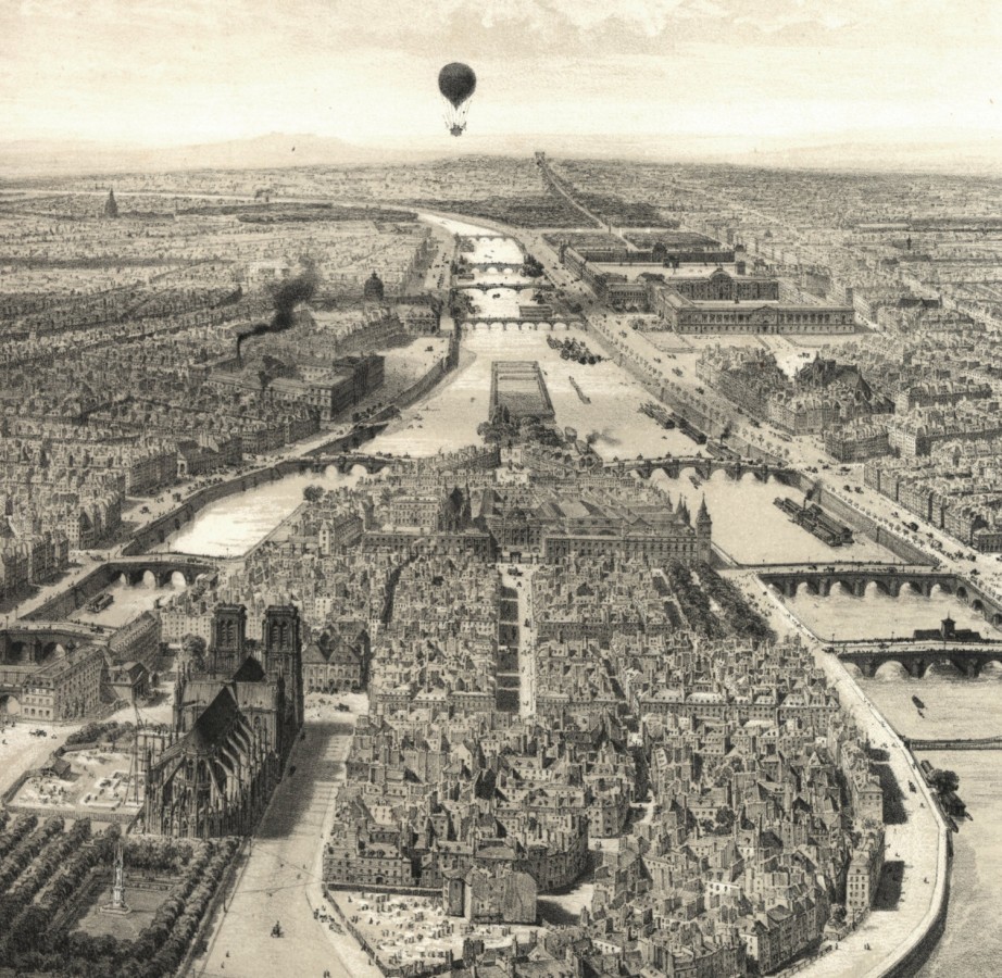 Ile de la Cité, Paris en ballon. Vue prise au-dessus de l'île Saint-Louis, lithographie de Jules Arnout, vers 1850.